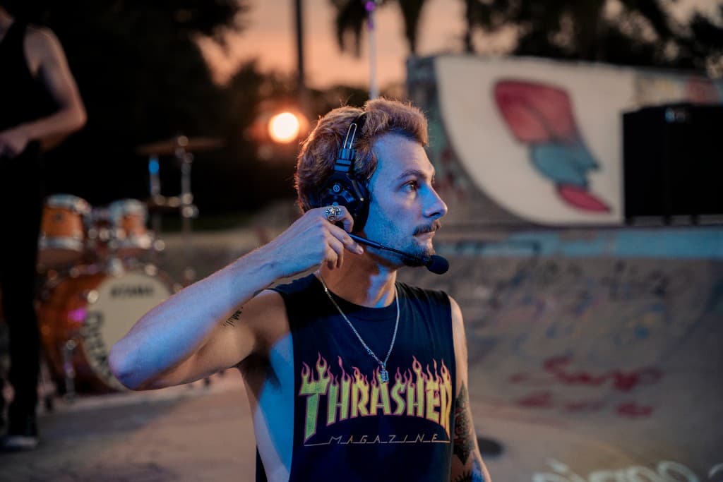 Brendan Krystyniak on comms during the Crashing Down shoot
