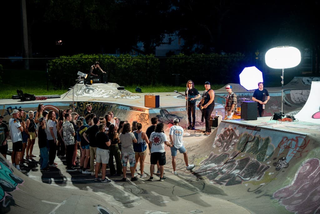 Wide night view of the Crashing Down shoot at Payne Park