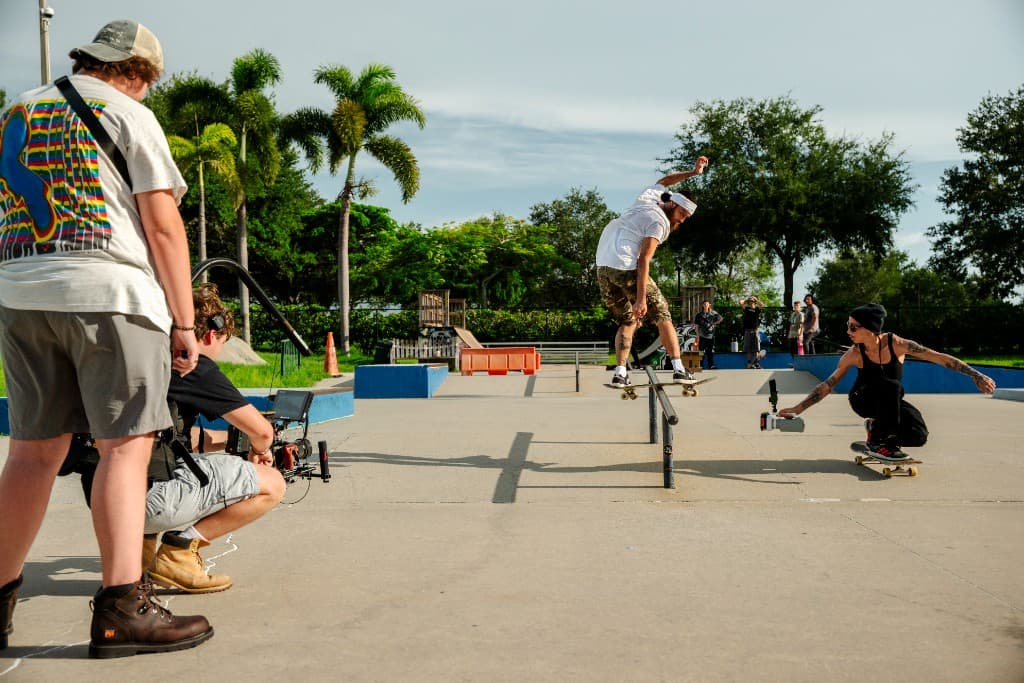 Filming a skateboard rail trick with a follow camera